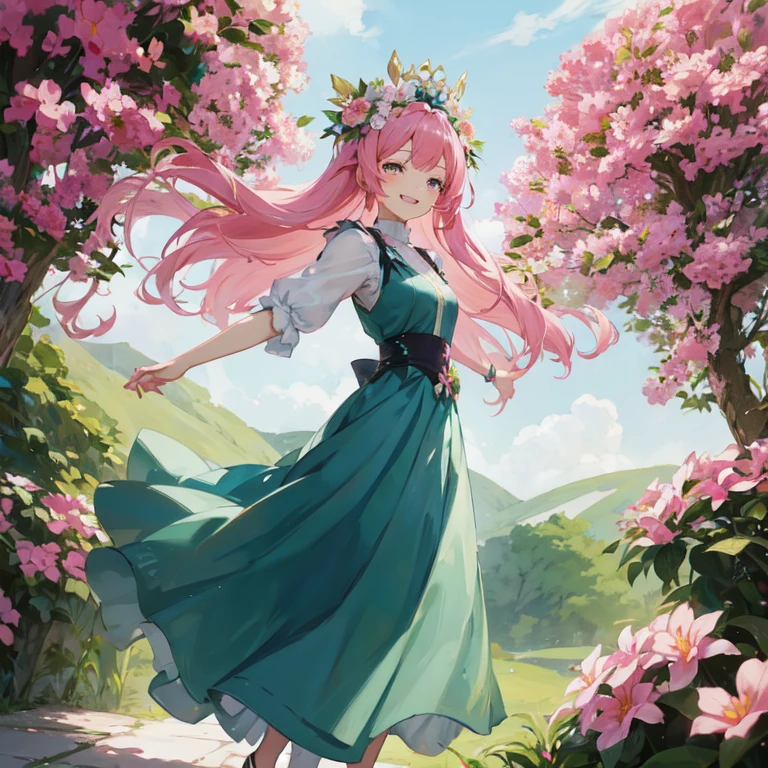 anime girl with pink hair and blue dress walking through a garden, goddess of spring, the non-binary deity of spring, guweiz on pixiv artstation, artwork in the style of guweiz, guweiz on artstation pixiv, haruno sakura, cute anime waifu in a nice dress, guweiz, smiling as a queen of fairies