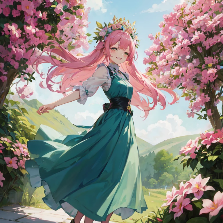 anime girl with pink hair and blue dress walking through a garden, goddess of spring, the non-binary deity of spring, guweiz on pixiv artstation, artwork in the style of guweiz, guweiz on artstation pixiv, haruno sakura, cute anime waifu in a nice dress, guweiz, smiling as a queen of fairies