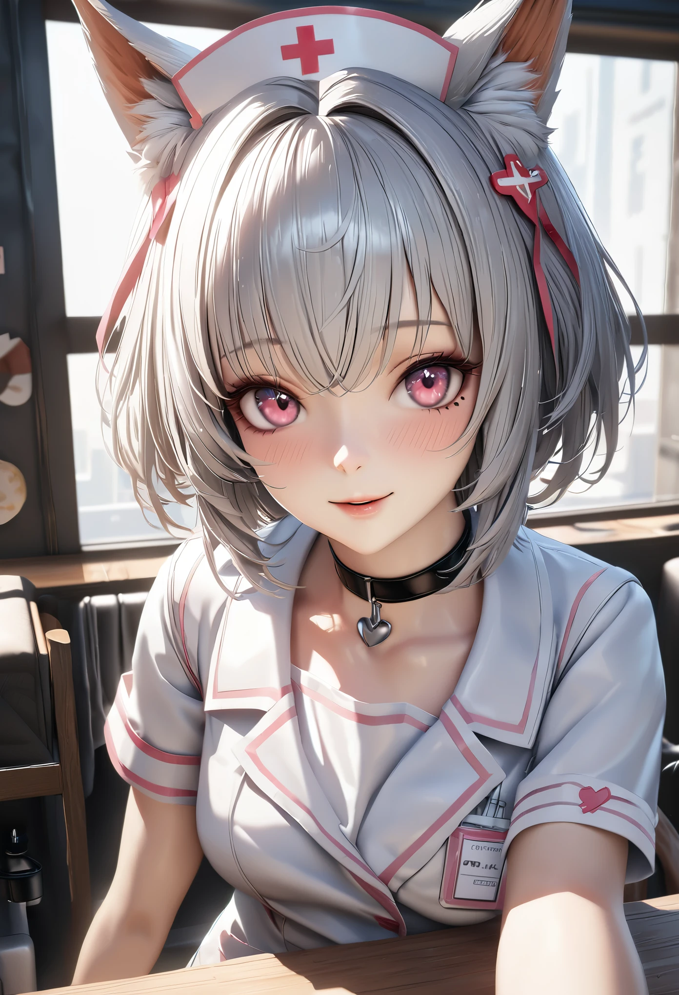 Top quality, best quality, super detailed, hi-res, high resolution, HDR, 4k, 8k, unity 8k wallpaper, highly detailed CG, masterpiece, realistic, photorealistic, 2D, 3D, beautiful details, depth, fine textures , ultra-fine: 1.3, fully focused, crispy.skin, .berak,
A very cute anime girl with silver short hair dressed as a nurse, her name is Mia, smiling, one girl, solo, short silver hair, animal ears, a mole under her eyes, looking at the viewer, nurse Uniform, blush, mole, fox ears, parted lips, hair ornament, heart, pink eyes, choker