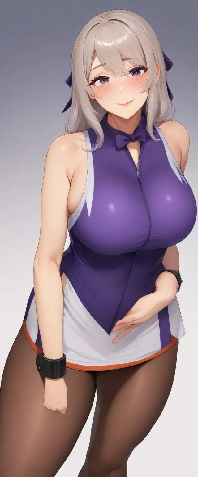 masterpiece, best quality, very aesthetic, absurdres, mature female, (Speed skater costume:1.3),(mini skirt:1.3), zettai ryouiki, bow tie, hair ribbon,
(button gap:0), sleeveless, cuffs, tights