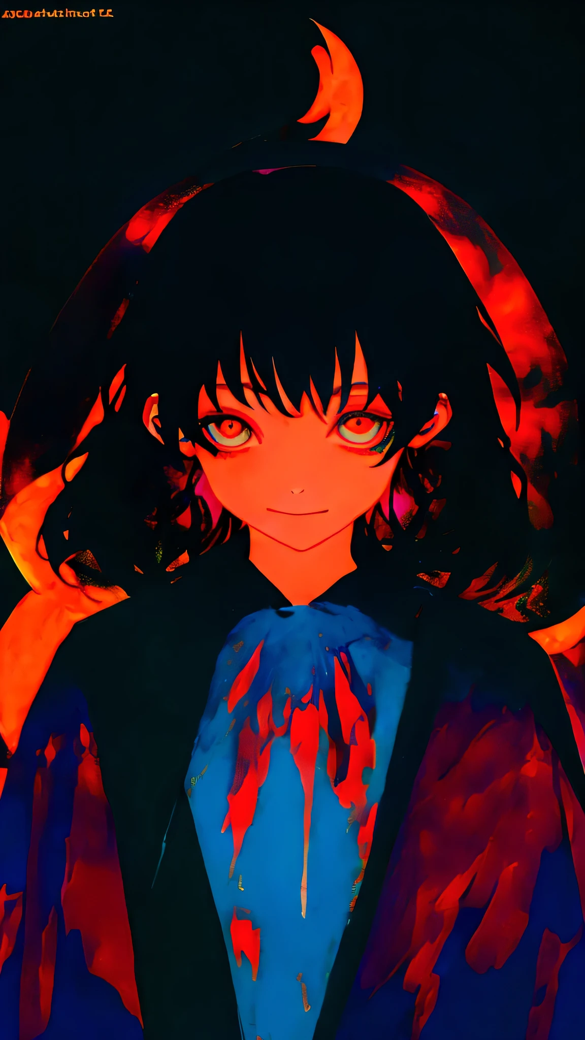 multicolor, A girl peeking at me from the shadows、Only the eyes are glowing mysteriously, Smile、night, dark, black hair, looking at the viewer, Upper body, Face-to-face audience, Limited palette, black background, shine,long fingers、Psychological horror、Horror taste、