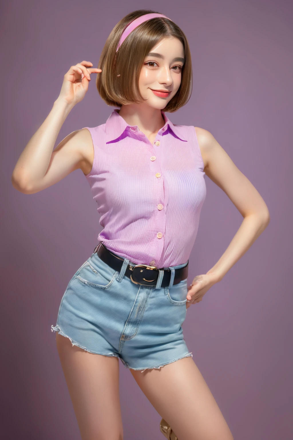 1girl, tarankaaa, standing position, perfect body, 30 years old look, best quality, 32k, photograph, full body (head to toe), tone mapping, ((houjou satoko,short hair,black hairband,blonde hair,violet eyes,hair between eyes,collared shirt,sleeveless shirt,pink shirt,shirt tucked in,small breasts,belt,short shorts,blue shorts,white socks,pink footwear)), asian-european, ((golden blonde hair, short hair, purple eyes)) perfectly drawn hands, ((masterpiece)), ((highres)), ((detailed background)), japanese village background, next to a river, (big proportions), cute pose, smiling, ((perfect eyes, detailed eyes, realistic eyes)), ((sharp face, detailed face, realistic face, natural skin, realistic skin, detailed skin, pores)), 