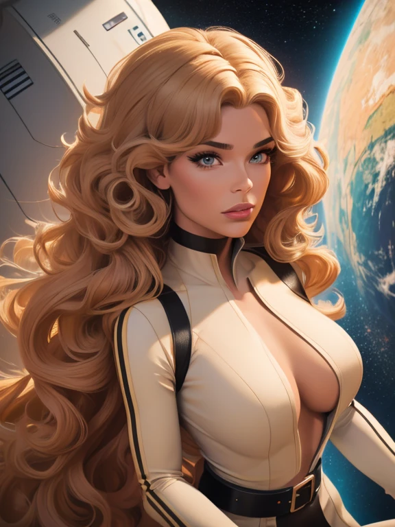 Best quality, 8K, woman, beautiful and detailed face, blod curly long hair, big eyelashes,LOOKING TO observer,beige bodystocking, black belt,SPACESHIP scenario