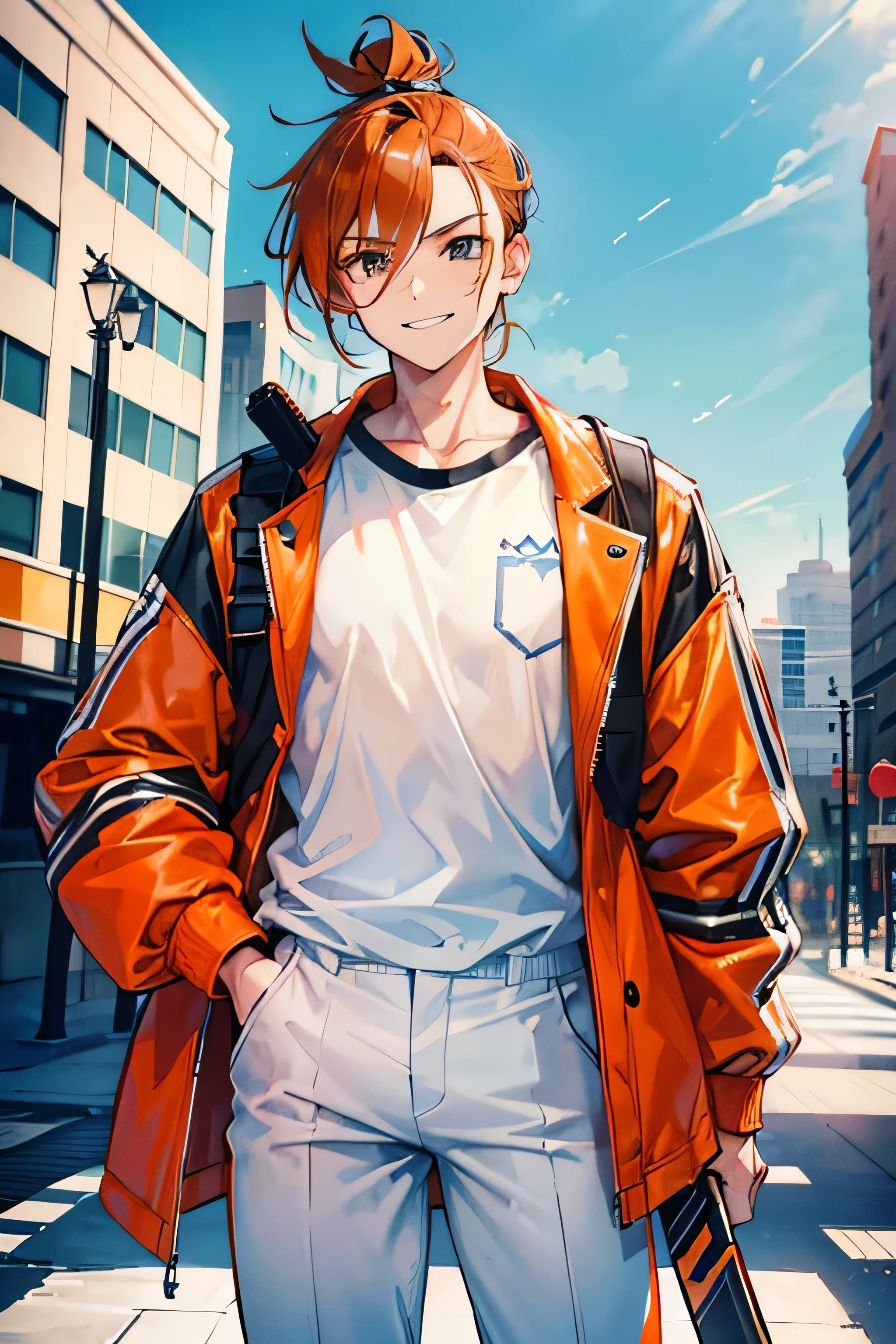 1man, very masculine, very manly, manbun, half up hairstyle, orange brown hair, hazel eyes, wearing baby blue jacket, white pants, holding a hockey stick, city, absurdres, high res, ultrasharp, 8k, masterpiece, looking at viewer, smiling