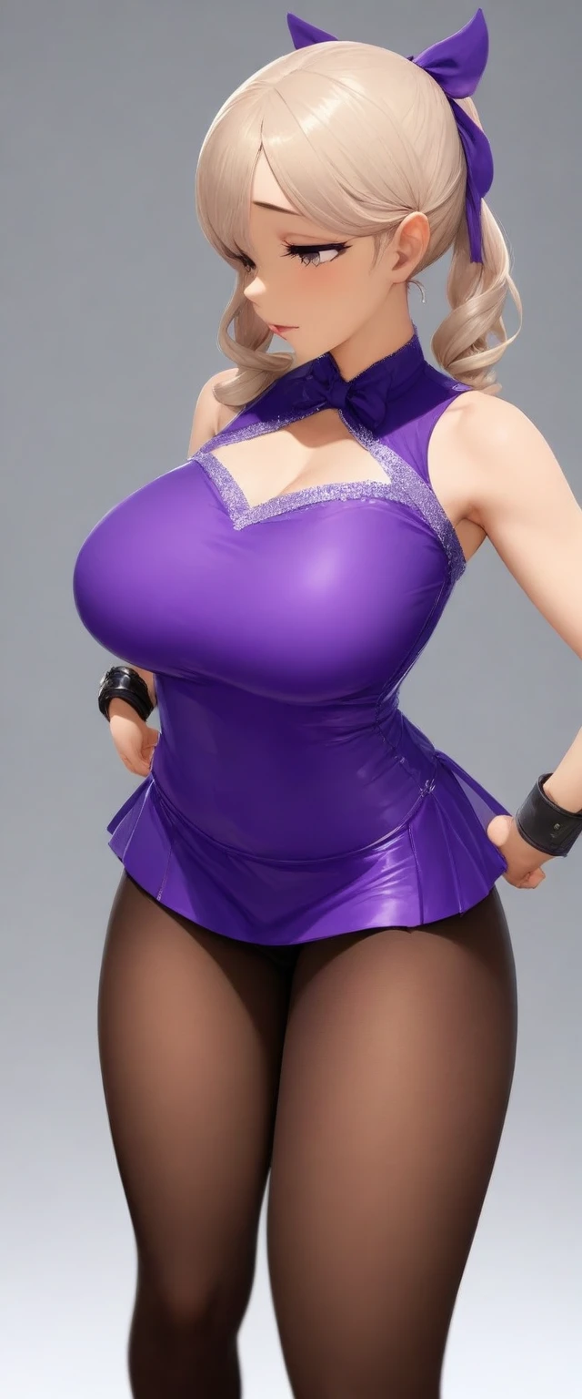 masterpiece, best quality, very aesthetic, absurdres, mature female, (figure skater costume:1.3),(mini skirt:1.3), zettai ryouiki, bow tie, hair ribbon,
(button gap:0), sleeveless, cuffs, tights