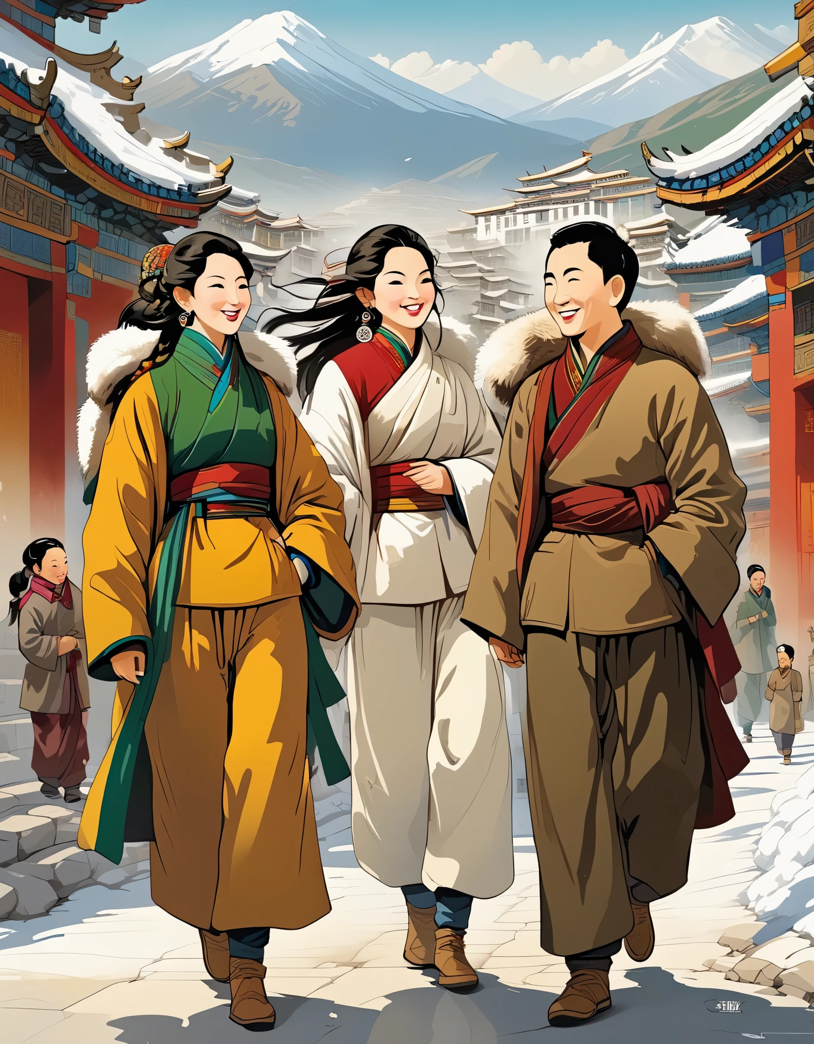 Susanne Paschke style，Vector Art ，vector art，，Chinese oil painting, closeup of Tibetan people wearing plain cotton cloth and woolen trousers standing in the street smiling at each other, with several others dressed in fur coats behind them. The background is white walls and stone floors. 