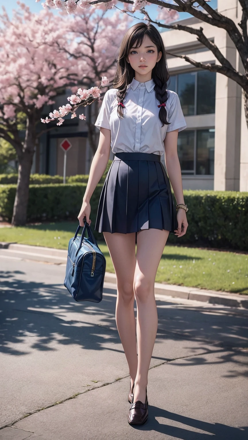 (8K, RAW photo, highest quality, masterpiece:1.2), (realistic, photo-realistic:1.37)、26 year old white woman、hair is black、Eye color is indigo、long hair、I braid it lightly、Slender but well-proportioned muscular body、setting hair、I&#39;m punching my chest、accessories on the ankle、smile、I&#39;m wearing a hair band、wearing a tie front shirt、My abs are cracked、I can see my bellybutton、She is wearing a dark blue low-rise micro-mini length pleated skirt.、wearing stockings、白い靴下wear、loafers((loafer))wear、Have a student bag、I&#39;m on the row of cherry blossom trees I planted at school.、Cherry blossoms are in full bloom、smile、Entrance ceremony