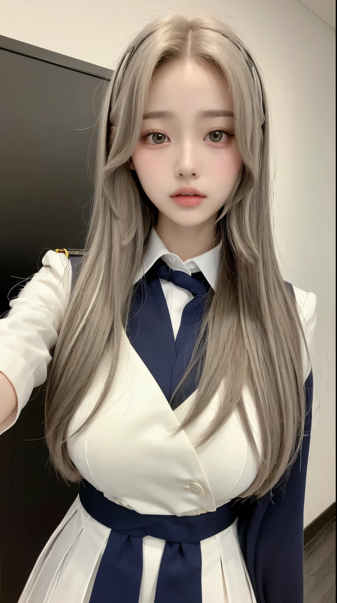 perfect figure beautiful woman：1.4，Layered Hair Style，Japanese high school girls' uniform：1.5，Highly Detailed Face and Skin Textur，double eyelid，Whiten the skin，long whitr hair,night,huge breast:1.2