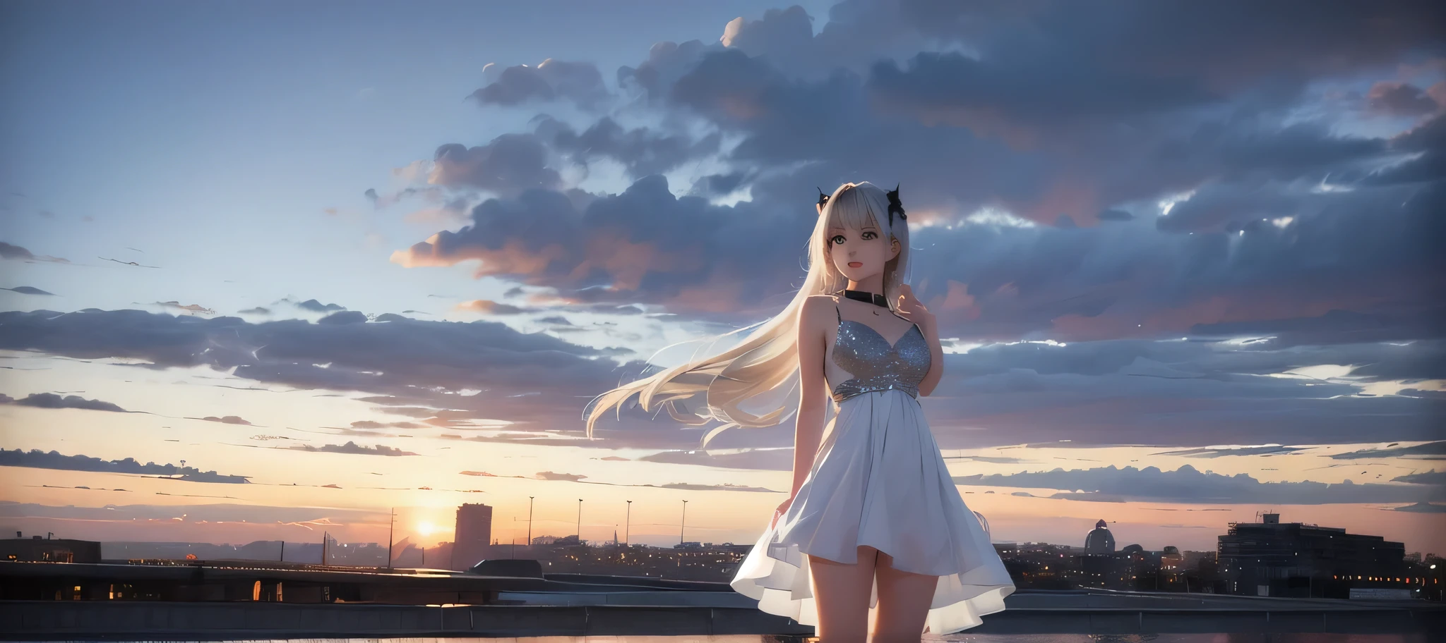1girl, st. louis (azur lane), standing, upper body, dress, silver dress, (revealing clothes:1.3), scenery,, anirl, best quality, ultra high res,