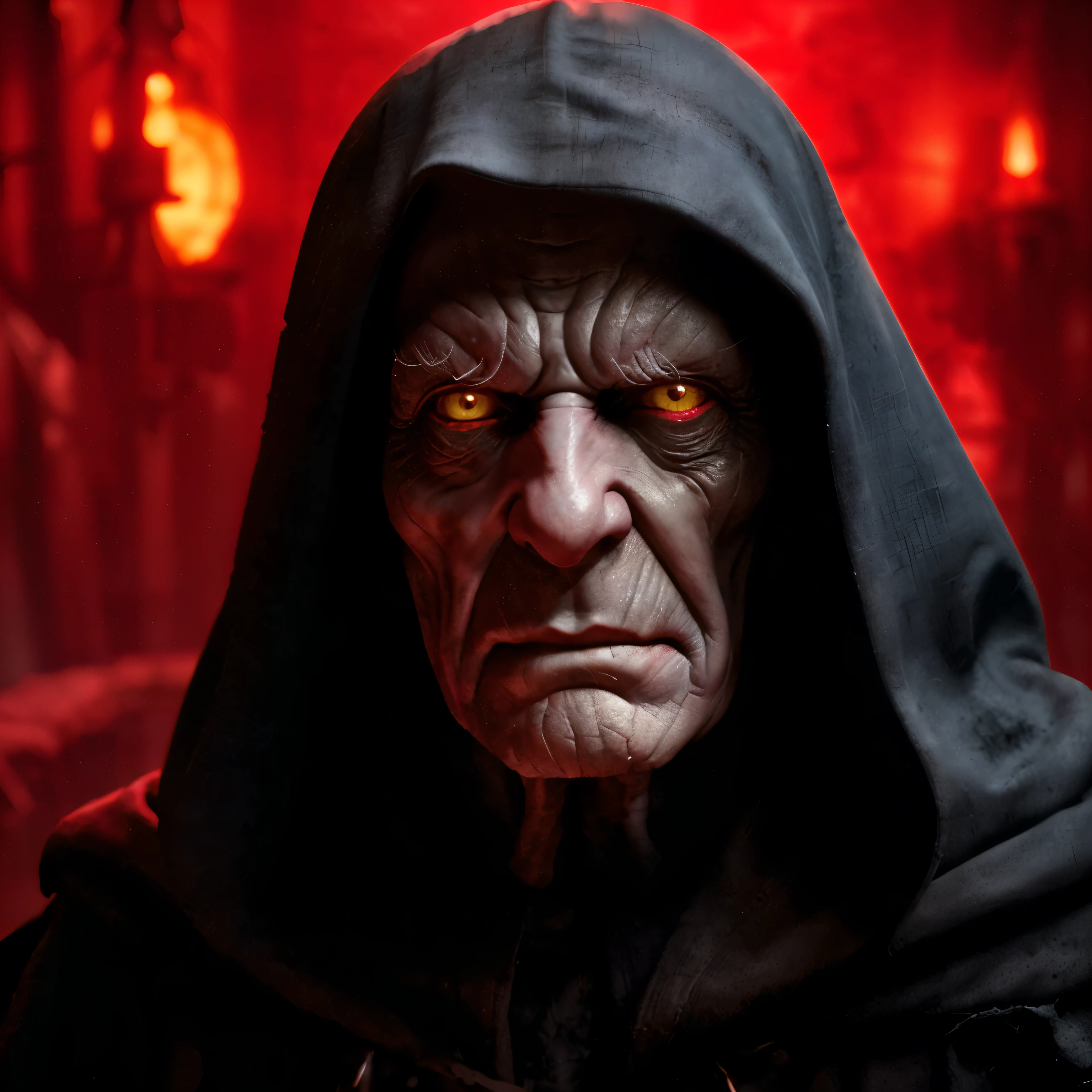 Emperor Palpatine, scary, glowing yellow eyes, pale wrinkled skin, sinister red dungeon background, realistic, detailing, 4K, 3D