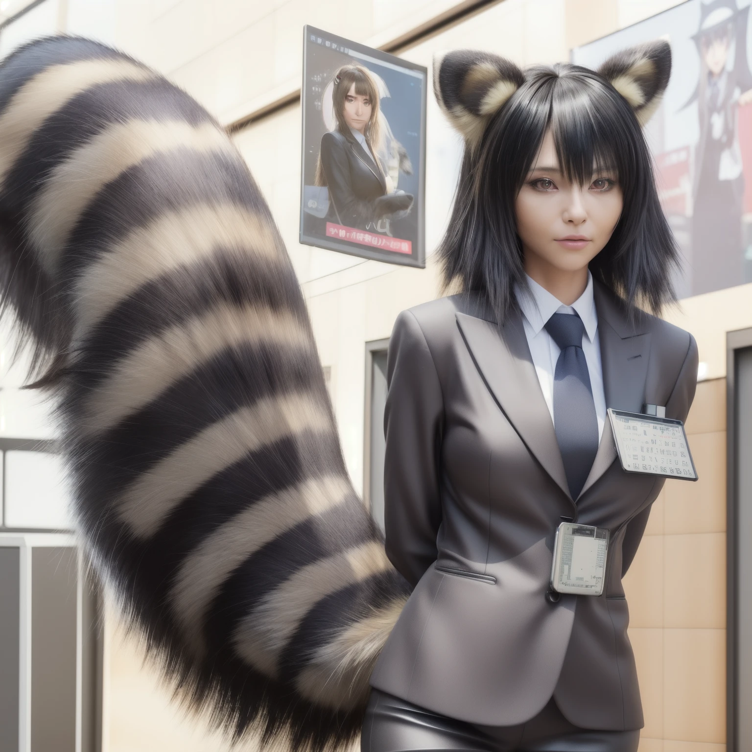 A woman wearing a business suit with a raccoon tail, furry, pov furry, anthropomorphic furryアート, realistic raccoon dog, Realistic style on pixiv, fur with tail, realistic 3d style, Ultra-realistic fur, (software) safe for work, anthropomorphic raccoon dog, Hairy tail, furryアート, photograph, highest quality