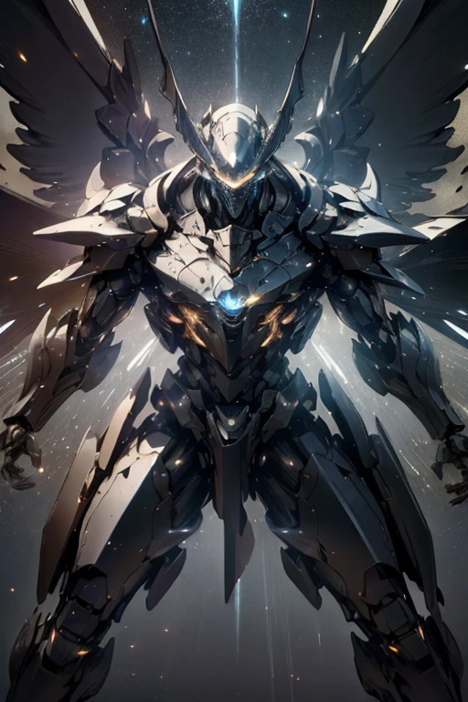 (masterpiece, best quality:1.3),extremely high detailed, intricate, 8k, HDR, wallpaper, cinematic lighting ,(universe), glowing, armor, glowing eyes, mecha, large wings to start to sky colour to weapons to Bow to powerfull to bow to