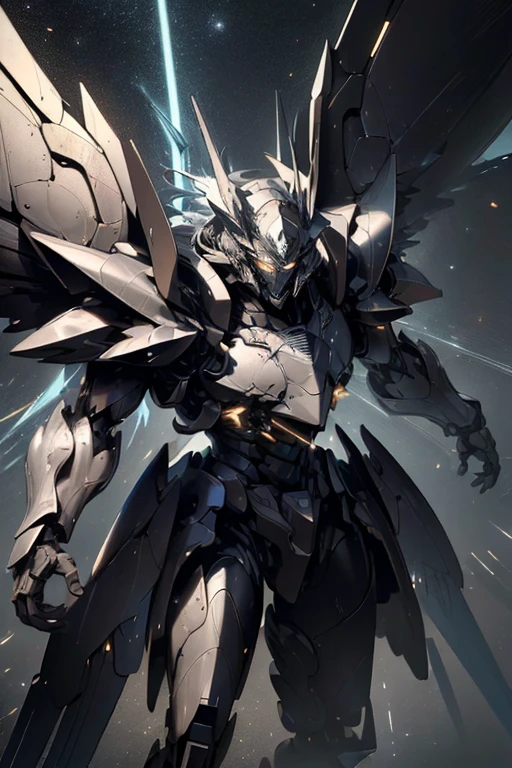 (masterpiece, best quality:1.3),extremely high detailed, intricate, 8k, HDR, wallpaper, cinematic lighting ,(universe), glowing, armor, glowing eyes, mecha, large wings to start to sky colour to weapons to Bow to powerfull to bow to
