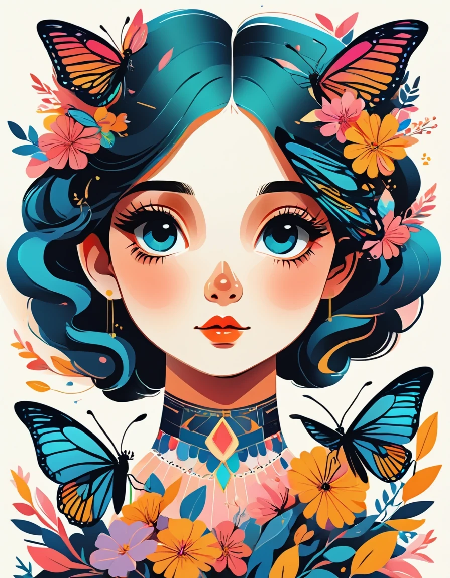 Susanne Paschke style，Vector Art ，vector art，Helen Huang style， girl，portrait，vector art，floral pattern：1.1，geometric elements，sharp lines，X-ray，neon color，beautiful eyes，color palette，line art，Hair and butterfly transformation，Symmetrical balance，Fantasy elements，dreamy atmosphere，Geometric symmetry，soft light，ethereal，White background，Moderate：digital illustration。