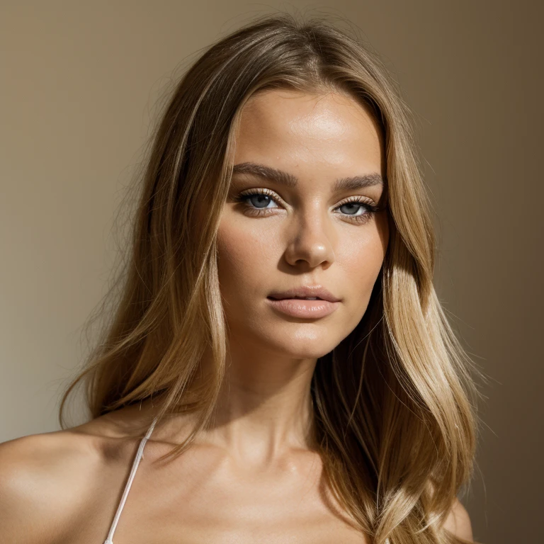 Portrait très réaliste d'une jolie jeune femme italienne avec des beaux yeux et de longs cheveux blonds lisses 