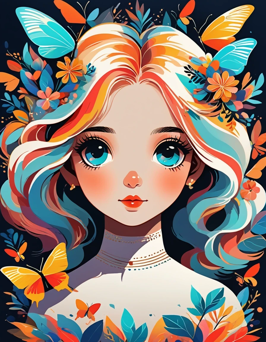 Susanne Paschke style，Vector Art ，vector art，Helen Huang style， girl，portrait，vector art，floral pattern：1.1，geometric elements，sharp lines，X-ray，neon color，beautiful eyes，color palette，line art，Hair and butterfly transformation，Symmetrical balance，Fantasy elements，dreamy atmosphere，Geometric symmetry，soft light，ethereal，White background，Moderate：digital illustration。