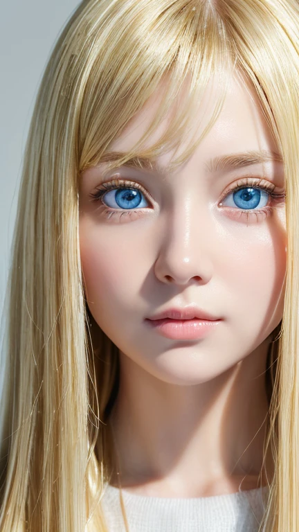 (muste piece:1.3), (8K, It&#39;s photorealistic, Raw photo, 16 year old very cute blonde girl、best quality: 1.4), (1 girl), pretty face, (realistic face), (golden hair, Super long hair:1.3), nice hairstyle，bangs between eyes、bangs over eyes、hair is soft，compact profile，length to mouth，realistic eyes，nice detail eyes，（realistic skin），Very beautiful, shining, extremely bright white light blue big eyes、very big eyes、beautiful skin，（sweater），nonsense，Charm，ultra high resolution，Ultra Photorealistic Sim，very detailed，golden ratio，bust photo、small face beauty、round face、Glossy skin、cheek highlights