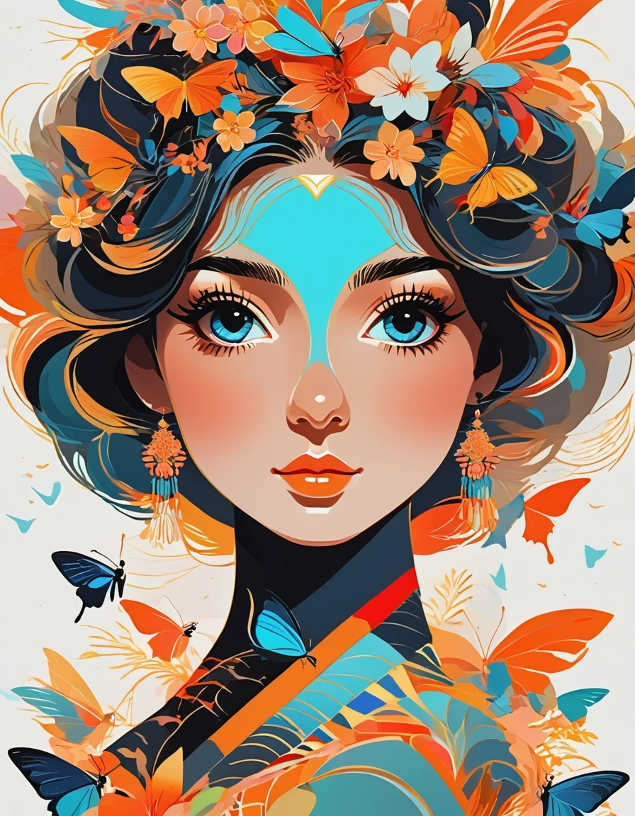 Cristiano Siqueira，Vector Art ，vector art，Helen Huang style， girl，portrait，vector art，floral pattern：1.1，geometric elements，sharp lines，X-ray，neon color，beautiful eyes，color palette，line art，Hair and butterfly transformation，Symmetrical balance，Fantasy elements，dreamy atmosphere，Geometric symmetry，soft light，ethereal，White background，Moderate：digital illustration。