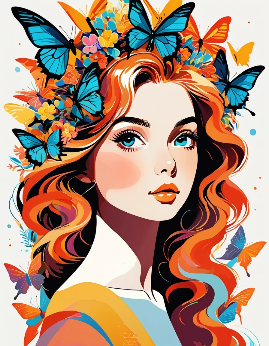 Cristiano Siqueira，Vector Art ，vector art，Helen Huang style， girl，portrait，vector art，floral pattern：1.1，geometric elements，sharp lines，X-ray，neon color，beautiful eyes，color palette，line art，Hair and butterfly transformation，Symmetrical balance，Fantasy elements，dreamy atmosphere，Geometric symmetry，soft light，ethereal，White background，Moderate：digital illustration。