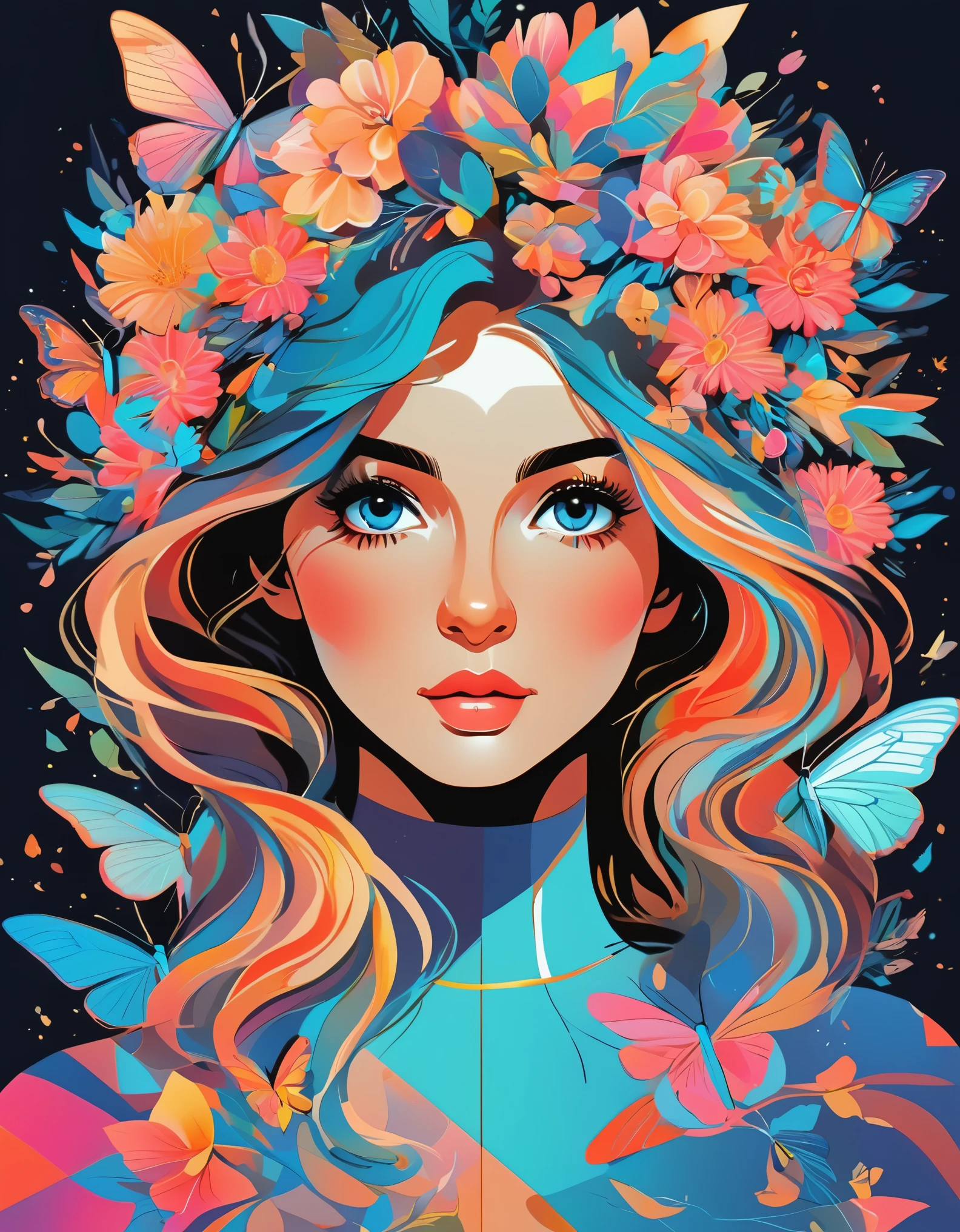 Cristiano Siqueira，Vector Art ，vector art，Helen Huang style， girl，portrait，vector art，floral pattern：1.1，geometric elements，sharp lines，X-ray，neon color，beautiful eyes，color palette，line art，Hair and butterfly transformation，Symmetrical balance，Fantasy elements，dreamy atmosphere，Geometric symmetry，soft light，ethereal，White background，Moderate：digital illustration。