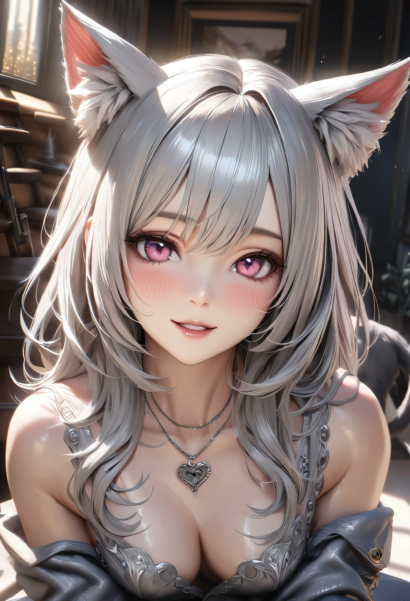 highest quality, expensiveest quality, Super detailed, expensive definition, expensive resolution, HDR, 4k, 8K, unity 8K wallpaper, expensively detailed CG, masterpiece, realistic, photorealistic, 2D, 3D, beautiful details, depth, fine texture , super fine: 1.3, Fully focused, crispy skin, .he, very cute anime girl with long silver hair in expensive , smile, one girl, alone, long silver hair, expensive , beast ears, looking at the viewer, blush, Cat ear, parted lips, Heart, pink eyes