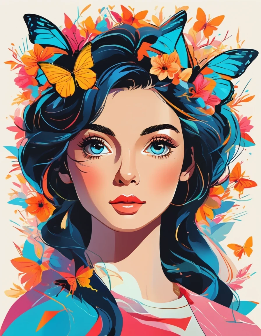 Cristiano Siqueira,Vector Art ,vector art,Helen Huang style, girl,portrait,vector art,floral pattern:1.1,geometric elements,sharp lines,X-ray,neon color,beautiful eyes,color palette,line art,Hair and butterfly transformation,Symmetrical balance,Fantasy elements,dreamy atmosphere,Geometric symmetry,soft light,ethereal,White background,Moderate:digital illustration。