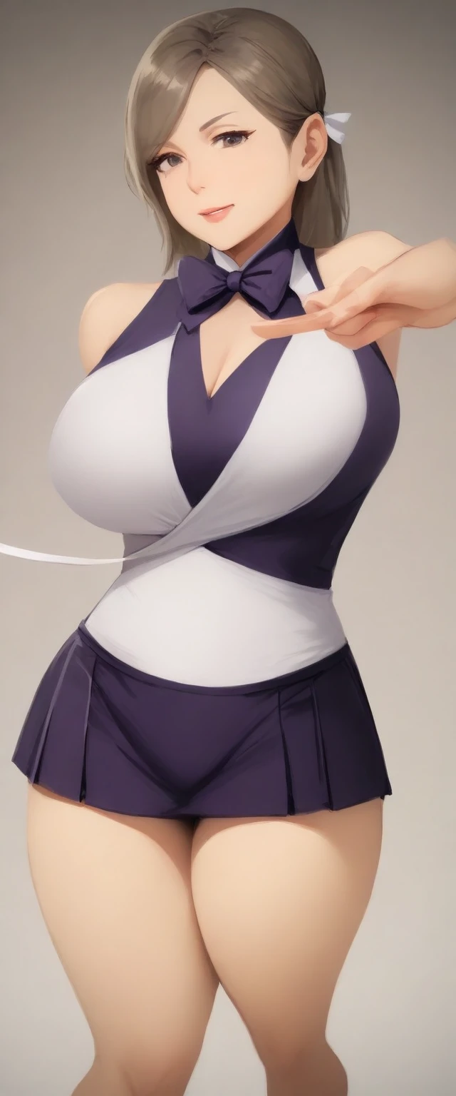 masterpiece, best quality, very aesthetic, absurdres, mature female, (rhythmic gymnast costume:1.3),(mini skirt:1.3), zettai ryouiki, bow tie, hair ribbon,
(button gap:0), sleeveless, cuffs, tights