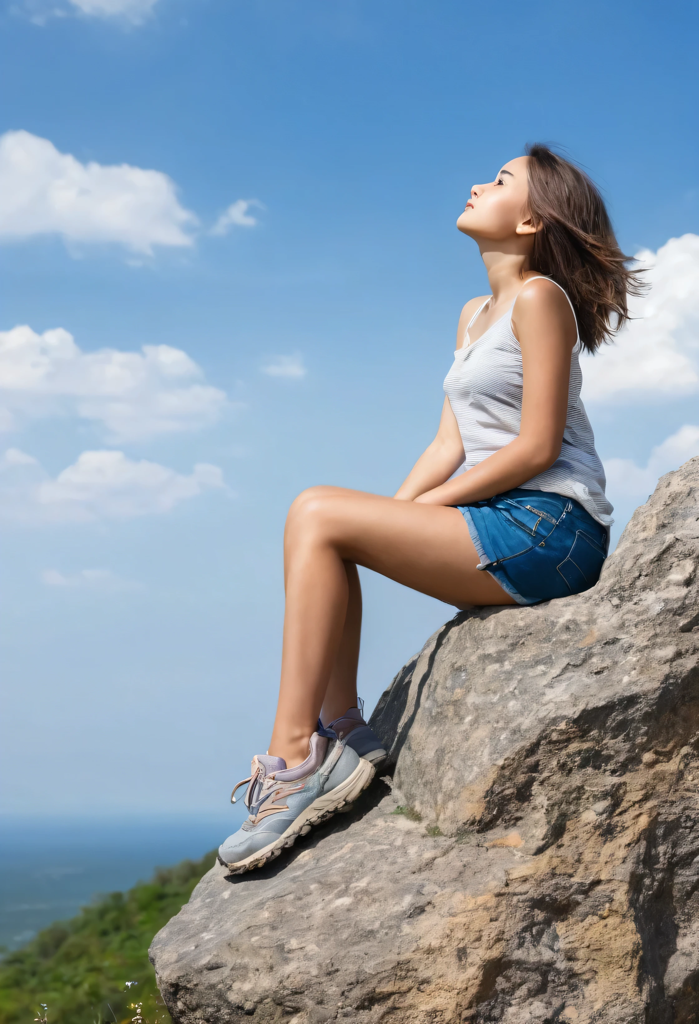 Natural girl in profile, left side, sitting on a rock, looking up at the sky.