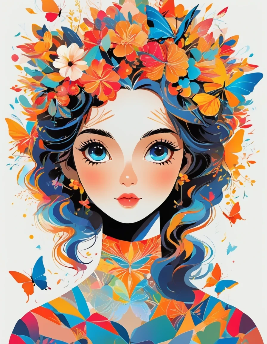 Vector Art ，vector art，Cristiano Siqueira风格， girl，portrait，vector art，vector art：1.2，floral pattern：1.1，geometric elements，sharp lines，X-ray，neon color，beautiful eyes，color palette，line art，Hair and butterfly transformation，Symmetrical balance，Fantasy elements，dreamy atmosphere，Geometric symmetry，soft light，ethereal，White background，Moderate：digital illustration。