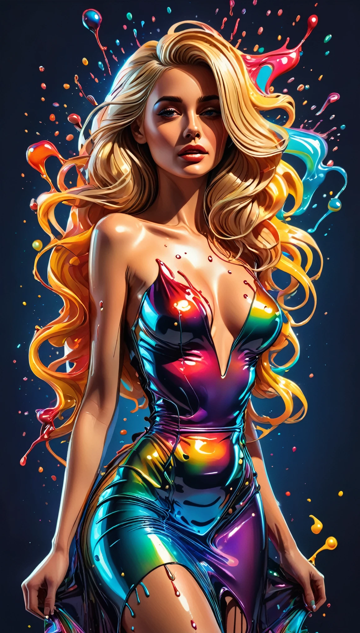 (Vector art:1.2), Beautiful blonde woman, with wax dress melting and dripping down the body (masterpiece: 1.2), (best quality), 4k, ultra-detailed, (dynamic composition: 1.4), highly detailed, colorful details, (iridescent colors: 1.2), (bright lighting, atmospheric lighting), dreamy, magical, (solo: 1.2) , Vector cartoon illustrator