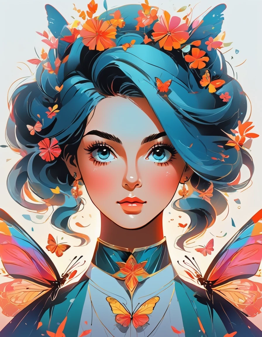 Vector Art ，vector art，Cristiano Siqueira风格， girl，portrait，vector art，vector art：1.2，floral pattern：1.1，geometric elements，sharp lines，X-ray，neon color，beautiful eyes，color palette，line art，Hair and butterfly transformation，Symmetrical balance，Fantasy elements，dreamy atmosphere，Geometric symmetry，soft light，ethereal，White background，Moderate：digital illustration。