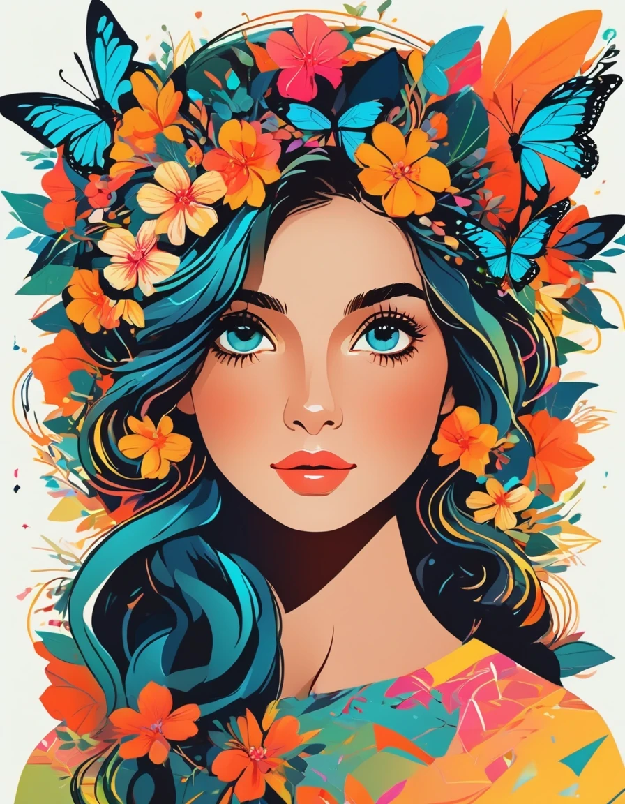 Cristiano Siqueira，Vector Art ，vector art，Helen Huang style， girl，portrait，vector art，floral pattern：1.1，geometric elements，sharp lines，X-ray，neon color，beautiful eyes，color palette，line art，Hair and butterfly transformation，Symmetrical balance，Fantasy elements，dreamy atmosphere，Geometric symmetry，soft light，ethereal，White background，Moderate：digital illustration。
