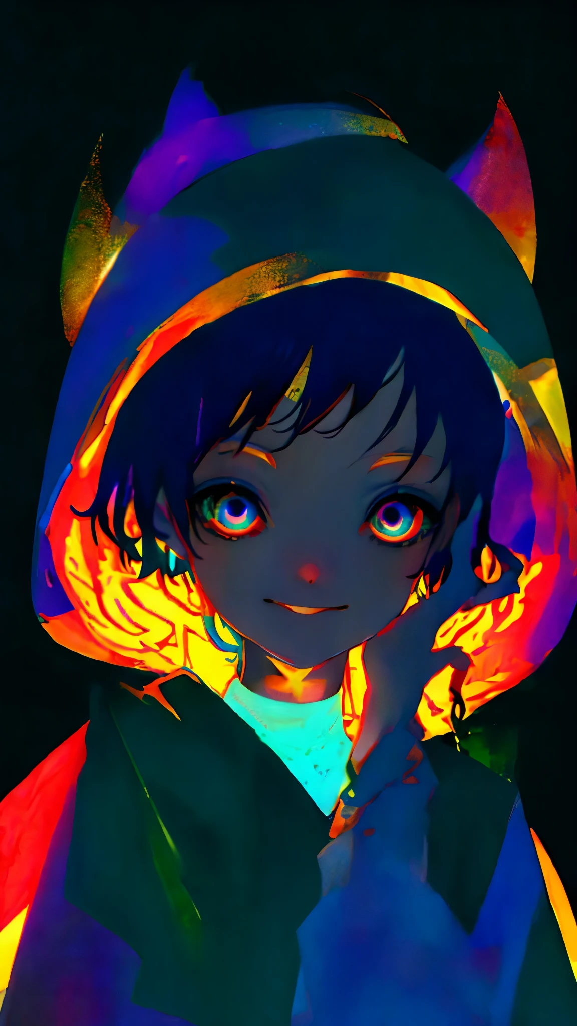 multicolor, A girl peeking at me from the shadows、Only the eyes are glowing mysteriously, Smile、night, dark, black hair, looking at the viewer, Upper body, Face-to-face audience, Limited palette, black background, shine,long fingers、Psychological horror、Horror taste、