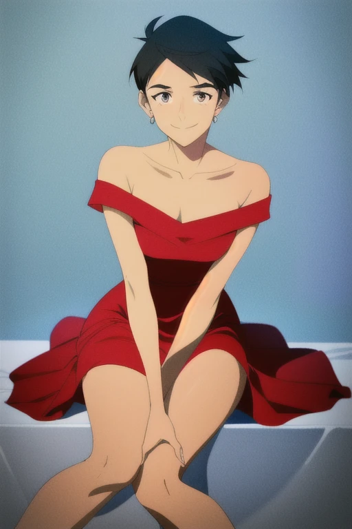 Cute Lois Lane, (masterpiece, best quality), 1 girl, solo, teenager, black hair, beautiful details eyes, smile, in a flamenco dress, off the shoulder dress, red dress, bare shoulders, large chest, sitting pose, and being so beautiful, room background,  2D flat, 2D illustration,