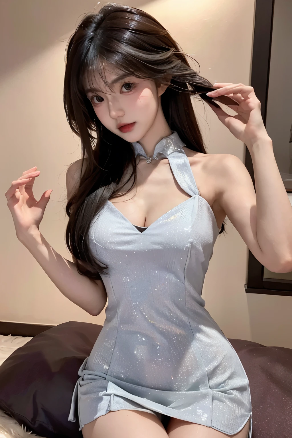 Beautiful woman with perfect body：1.4，layered hairstyle，prominent cleavage，Close-fitting cheongsam：1.5，ultra short pleated skirt，whole body，Highly detailed facial and skin textures，double eyelids，whiten skin，long hair