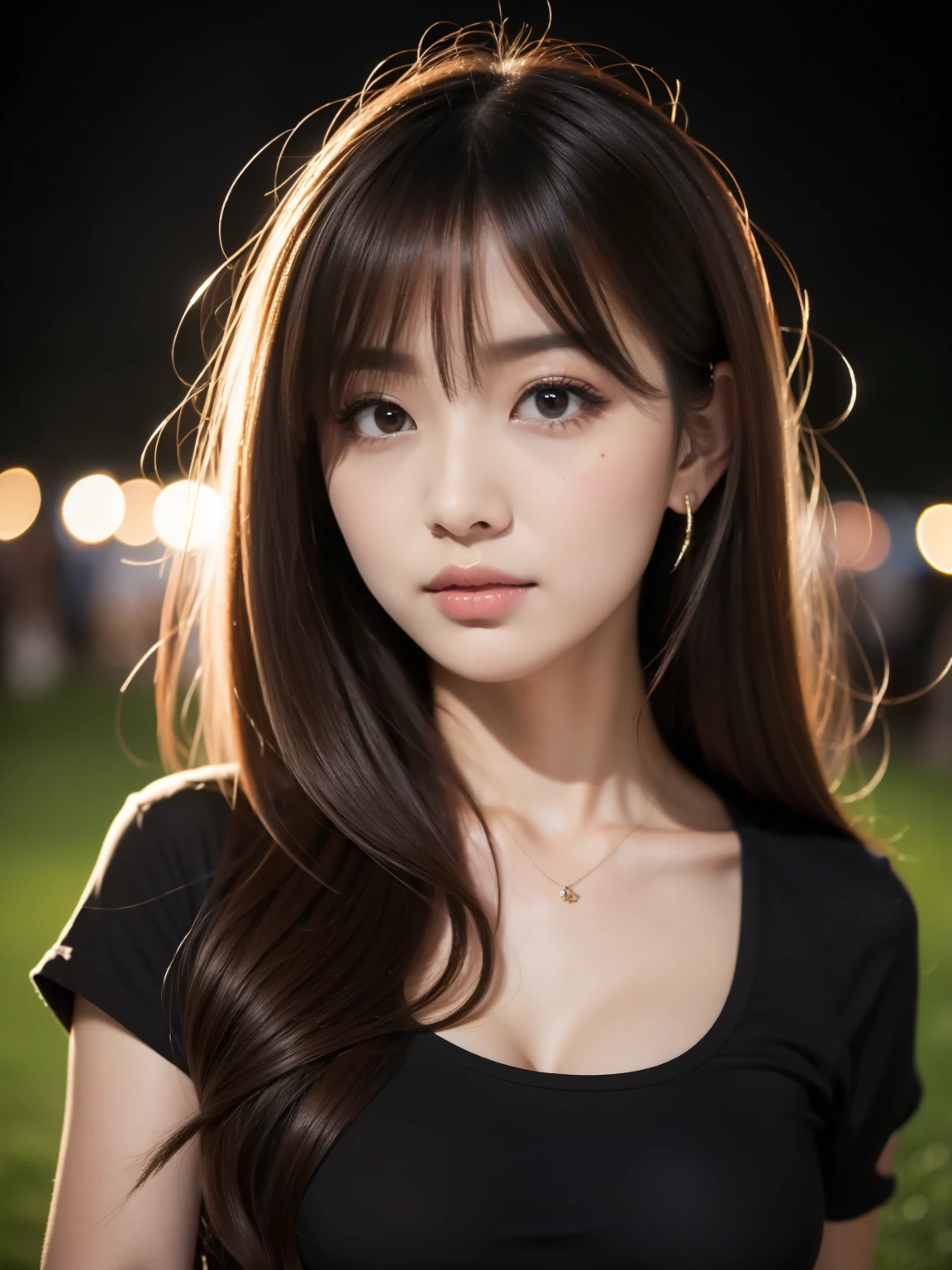 high resolution, 1 beautiful young woman, 23 years old, 8k,best quality, masterpiece, ultra high res, (photorealistic:1.4), RAW photo, (fair skin:1.2), wearing a black clothes, 85mm lens,f/8.0, background, gyaru, brown hair, Perfect female body, looking at viewer, beautiful eyes, ((black shirt)), (cleavage:0.9), (cute:1.2), ((jpop idol)), (upper thigh:0.6), (depth of field),soft light, Park at night, full body, (bad girl:1.2)