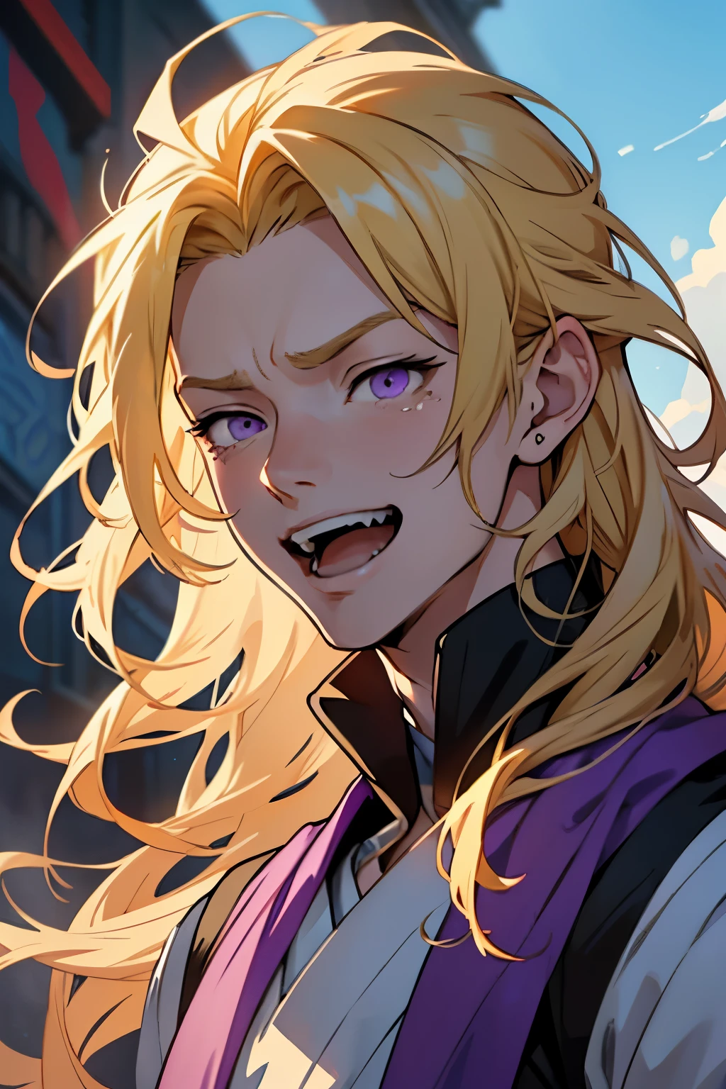 anime - laughing face, crazy laughing face, laugh, crazy laugh, huge laugh, laughing to the sky, head pointing upward, crazy, laughing, tears, mouth open, screams, squinting, screaming, looking at the sky, looking up, crazy, laugh, psychopath, style image of a young prince with purple eyes and blonde hair, blonde hair, blonde hair, a portrait of a male prince, beautiful male prince, a male prince, a young prince, handsome guy in demon slayer art, male, young, beautiful androgynous prince, smirk, artwork in the style of guweiz