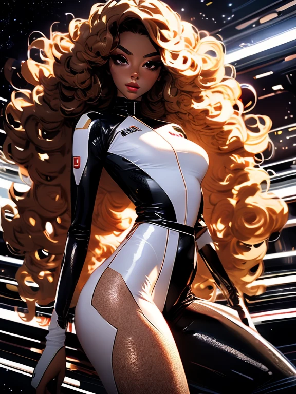 Best quality, 8K, woman, beautiful and detailed face, blod curly long hair, big eyelashes,LOOKING TO observer,beige bodystocking, black belt,SPACESHIP scenario