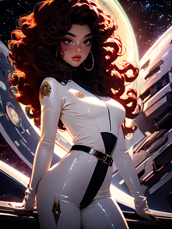 Best quality, 8K, woman, beautiful and detailed face, blod curly long hair, big eyelashes,LOOKING TO observer,beige bodystocking, black belt,SPACESHIP scenario