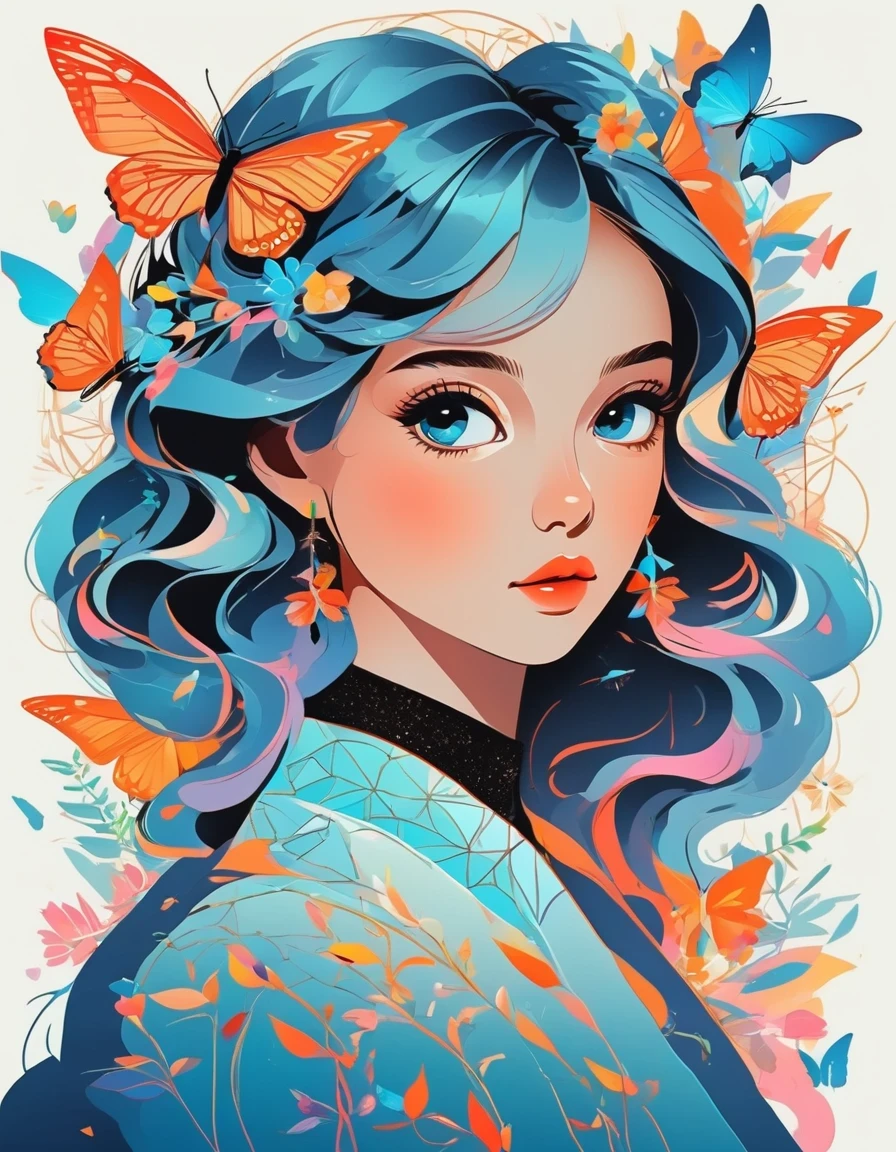 Vector Art ，vector art，Helen Huang style， girl，portrait，vector art，vector art：1.2，floral pattern：1.1，geometric elements，sharp lines，X-ray，neon color，beautiful eyes，color palette，line art，Hair and butterfly transformation，Symmetrical balance，Fantasy elements，dreamy atmosphere，Geometric symmetry，soft light，ethereal，White background，Moderate：digital illustration。