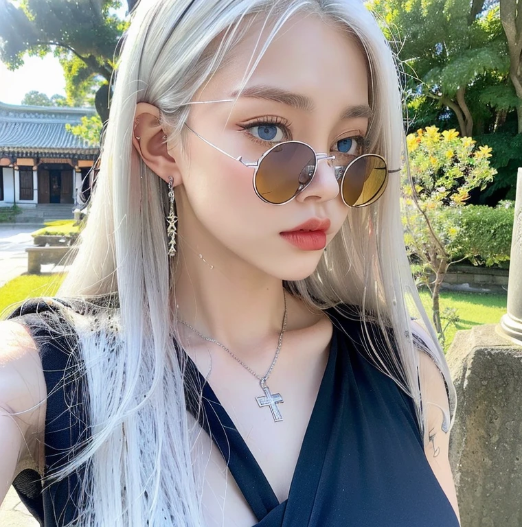 1 beautiful beautiful woman - Scandinavian European appearance (looks like the most beautiful Swedish girl), ((top quality, 8K, Masterpiece:1.retty woman, 1 woman, huge breasts:1.3, a slim body:1.1, lush WHITE NIVEOUS long hair, (shower, wet body, wet clothes:1.1), very detailed face, detailed lips, detailed eyes, double eyelids, Detailed blue eyes, Detailed Outstanding Blue Eyes, WHITE NIVEOUS wet hair, WHITE NIVEOUS wet hair, Detailed Outstanding Blue Eyes, innocent look at the viewer, very wet wavy White hair, Detailed Outstanding Blue EYES, huge earrings, Orange and yellow monk dress, Detailed orange and white buddhist uniform, bare chest, huge chest tattoo wearing a wreath, detailed  huge earrings, chest tattoo, Outdoors, she is outside - there are trees and a buddhist temple behind, wear a silver cross, reality mode, wet breasts, black necklace, detailed veil and wreath, black latex gloves, naked breasts, the dress is absolutely translucent, naked breasts, naked nipples, sexy pose, white sexy lingerie, seen-through nipples, she is wetting, Hair of white snowy colour, snowy niveous white hair, accurately detailed  RED TAINTED glasses, the whitest hair ever (existed), WHITE HAIR