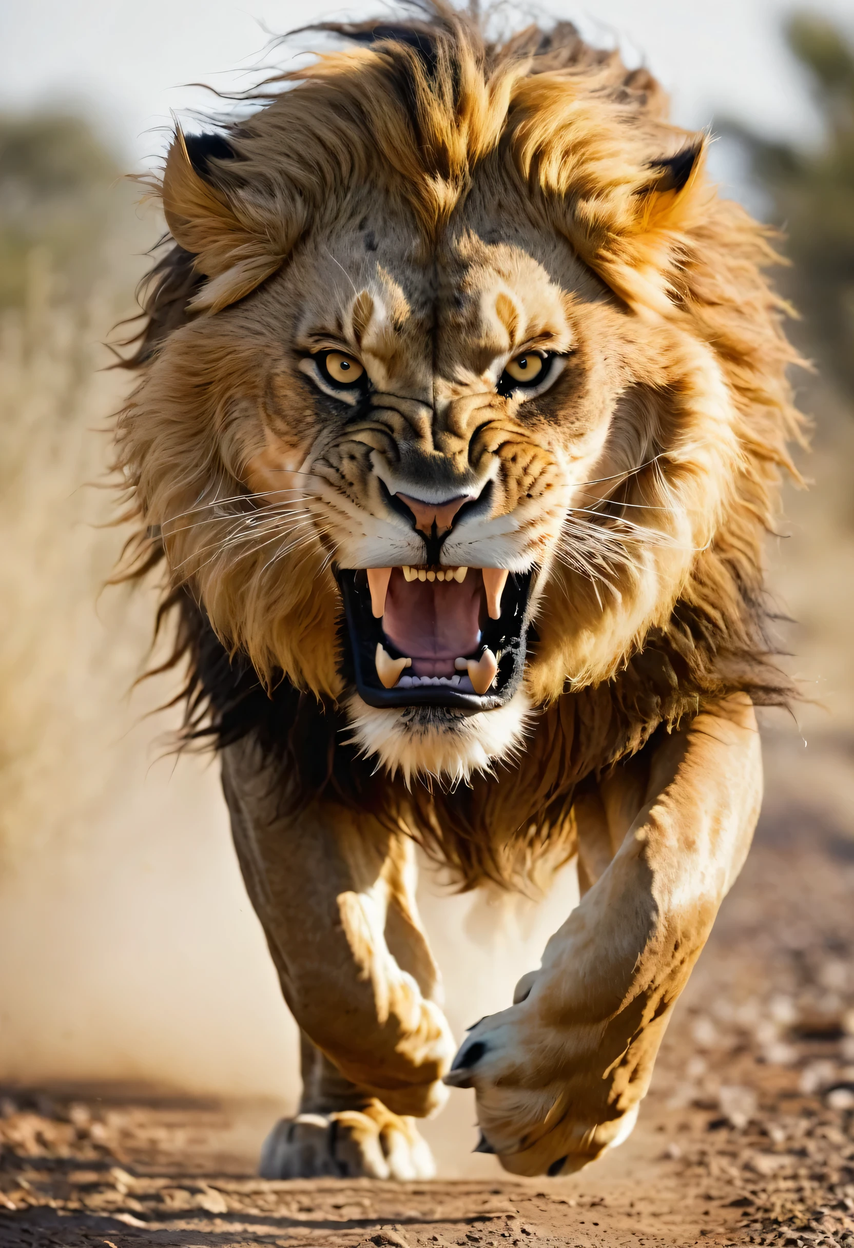 lion running towards camera, angry face, high detail