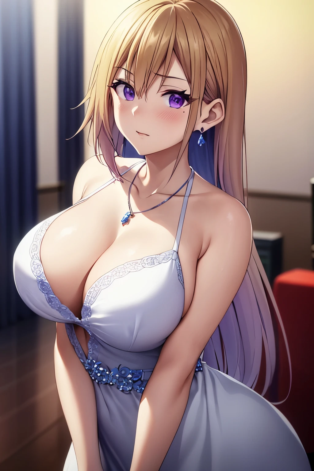 masterpiece, (best quality), 1woman,1girl ,1boy,,kawakami_mai,    blonde hair,  long hair, hair let down,  purple eyes, formal dress, white dress,   jewelry, necklace, earrings, large breasts, mole under eye, embarrassed,blush,  formal ,   vibrant colors ,,natural lighting  ,RTX,  , beautiful, (detailed face:1.2), showcase, (perfect eyes:1.1) ,(photorealistic:1.1), 8k uhd,  looking at viewer, indoorackround