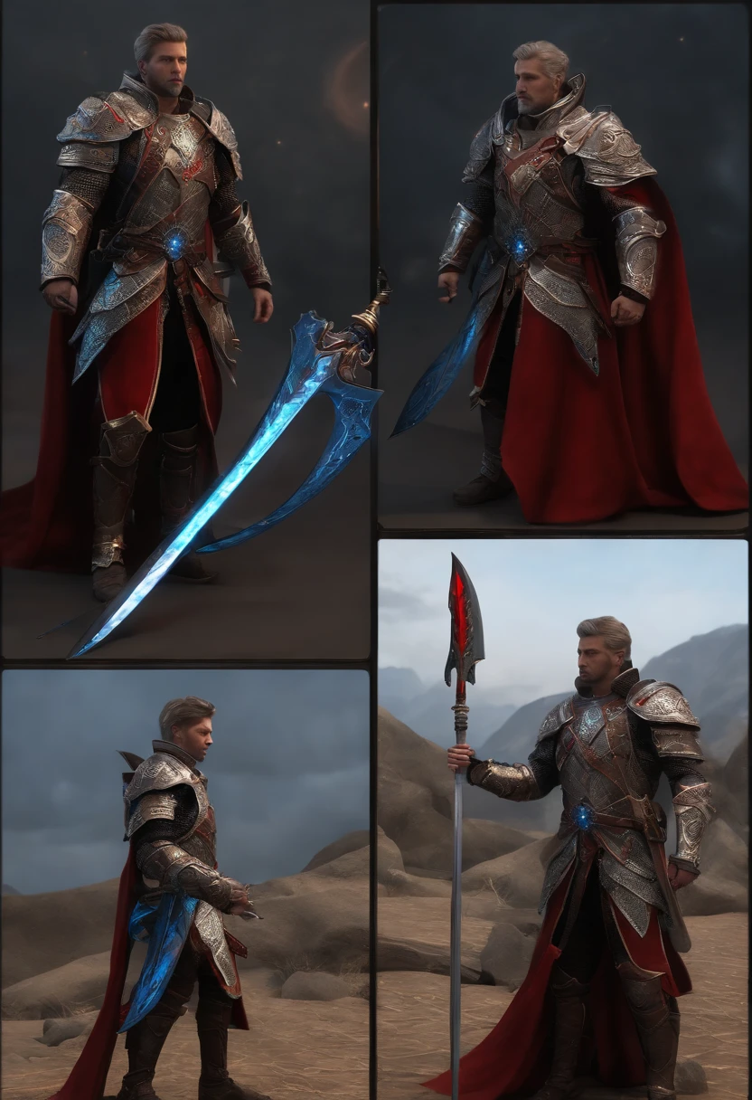 There is a pike with a red and blue design, Bright Blue Soul Blade, Incandescent spades, Pike Blade Style, raytraced blade, The sword, Bright Pike, Complex fantasy sword, war blade weapon, Medievolvil Sword, Magic Pique, Realistic pique. To create