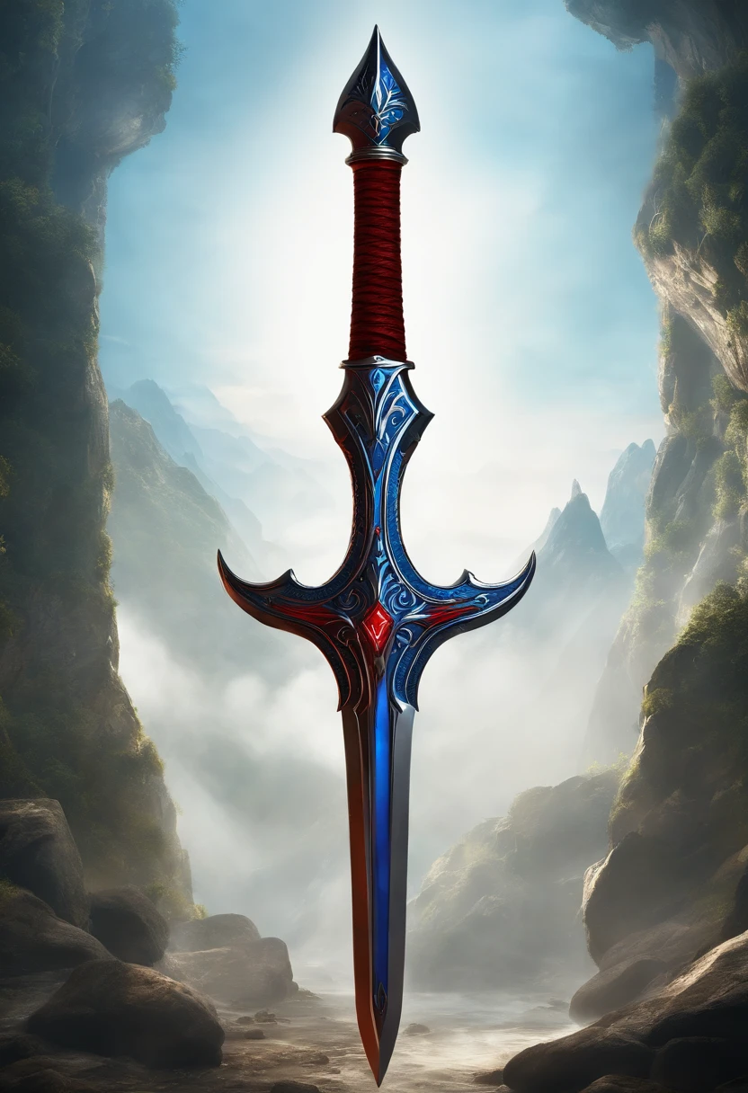 There is a pike with a red and blue design, Bright Blue Soul Blade, Incandescent spades, Pike Blade Style, raytraced blade, The sword, Bright Pike, Complex fantasy sword, war blade weapon, Medievolvil Sword, Magic Pique, Realistic pique. To create 