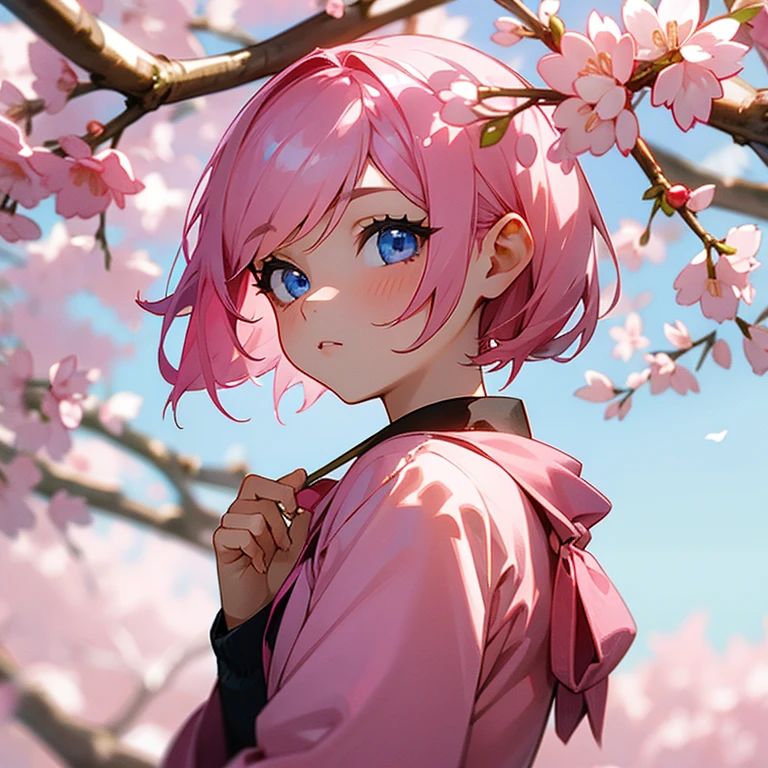 Girl with pink hair and blue eyes under the cherry blossom tree