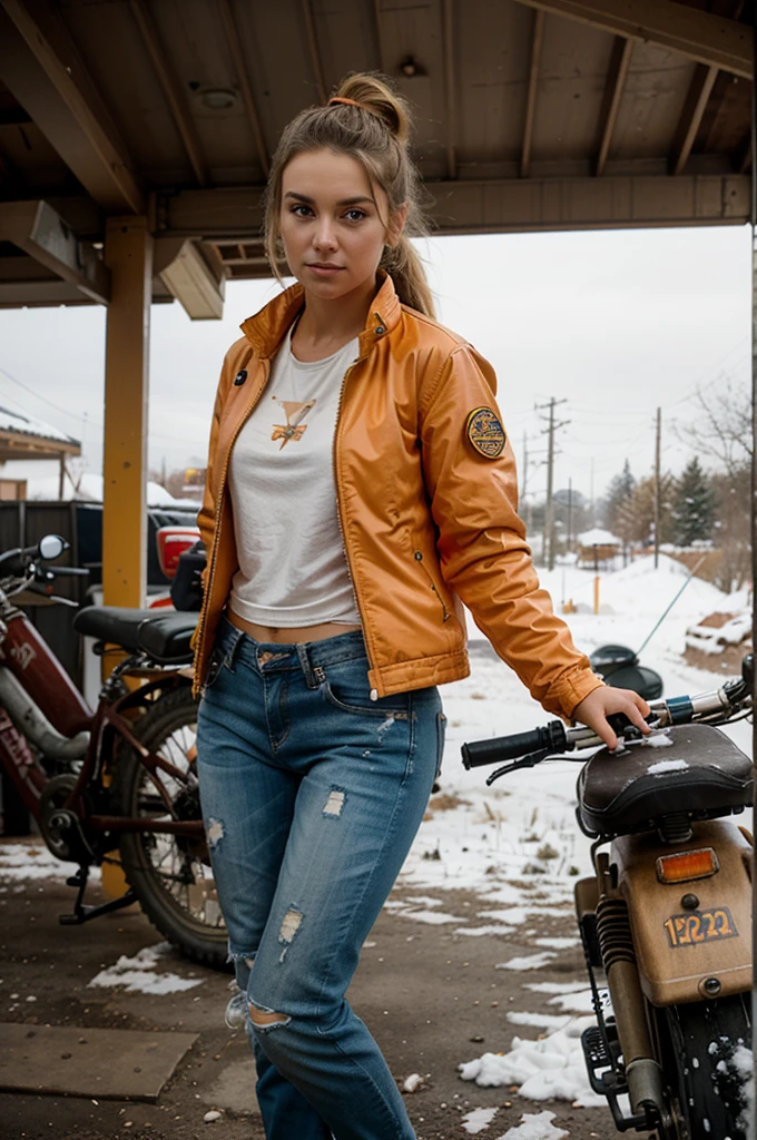 Beautiful girl, dressed with orange jacket style snow in a very worn, torn and dusty long orange jacket, worn jeans, large jacket with patches, hands hanging naturally at the sides, ponytail hairstyle, cold expression, background of a gyro-bike rhyno, workshop bikes and motorcycles with a single tire similar to the one Alita uses, full body photo.  Details in high definition, with photographic style and natural light, in the style of a film texture.