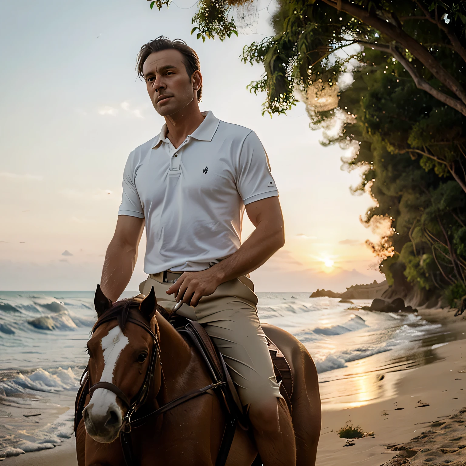 A old money style.A man with white polo short and khakis oant riding a horse thorough the beach in sunset