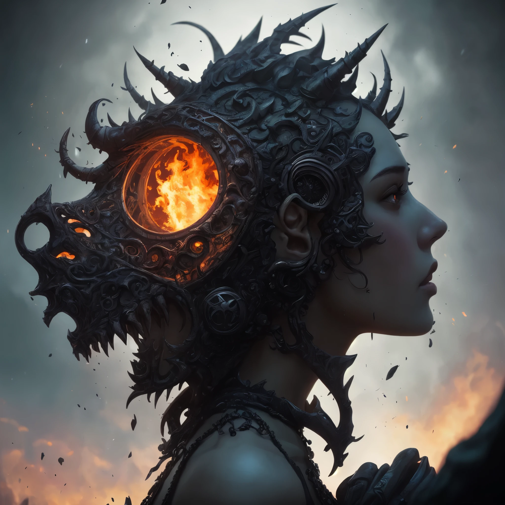 A burning planet by Casey Weldon, Olga Kvasha, Miho Hirano, hyperdetailed intricately detailed gothic art trending on Artstation triadic colors Unreal Engine 5 detailed matte painting, deep color, fantastical, intricate detail, splash screen, complementary colors, fantasy concept art, 8k resolution, gothic deviantart masterpiece, (dark shot:0.9), art by greg rutkowski and artgerm, soft cinematic light, adobe lightroom, photolab, hdr, intricate, highly detailed, (depth of field:1.4)