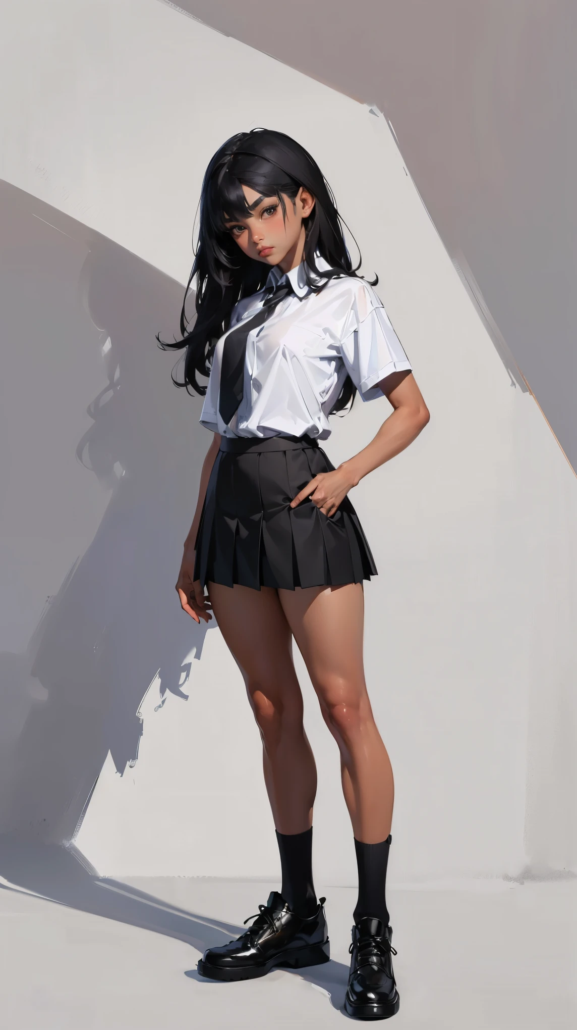 ((best quality,4k,highres,masterpiece:1.2)),((character concept art)), 1 female, teenage female, 15-year-old Asian beauty queen, ((black shoulder length hair)), black hair, (fair skin colour), ultra finely detailed eyes (black eyes colour), innocent, beautiful, , slim body build, ((intricate detail)), super finely detailed hands, ultra finely detailed fingers(((ten fingers))), (wearing gray school skirt and white short sleeves school shirt with school blazer jacket), knee length black socks, (standing casually), (full body showcase), (show full body), (no logos on background), (no logo), ((plain background)), ((plain background)), (((empty background)))